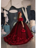 Off Shoulder Beaded Red Velvet Lace Tulle Gorgeous Flower Girl Dress